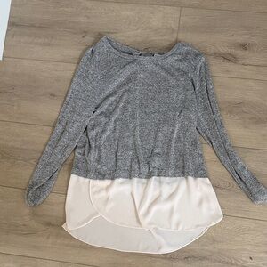 LOFT Gray Knit Long-Sleeve Top with Cream Layered Hem